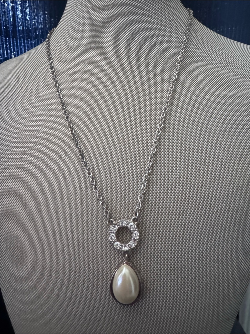 George Silver Necklace with White Pearl Teardrop and Crystal Circle